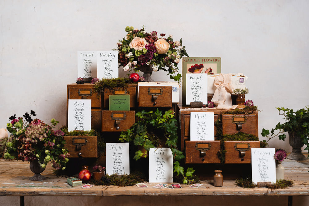 Drawers Table Plan Seating Chart Flowers Medieval Barn Wedding Sam Gibson Photography