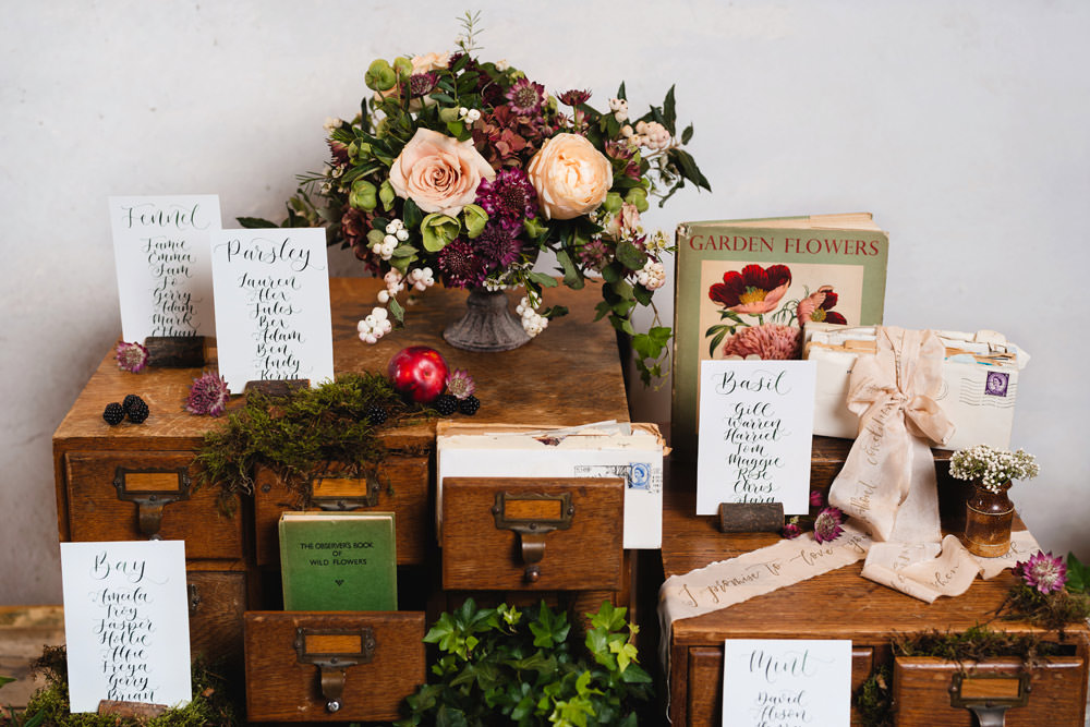 Drawers Table Plan Seating Chart Flowers Medieval Barn Wedding Sam Gibson Photography