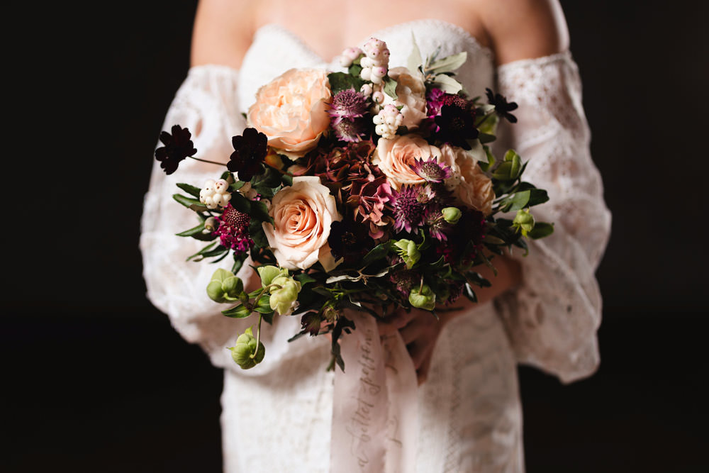 Bouquet Flowers Bride Bridal Blush Rose Burgundy Dahlia Greenery Medieval Barn Wedding Sam Gibson Photography