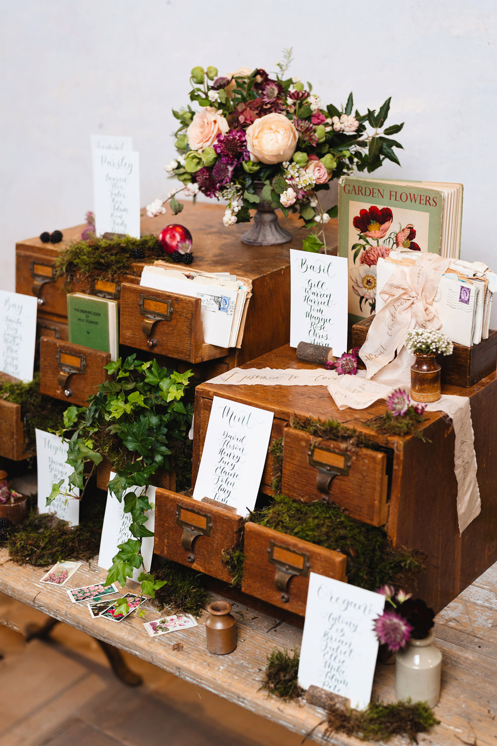 Drawers Table Plan Seating Chart Flowers Medieval Barn Wedding Sam Gibson Photography