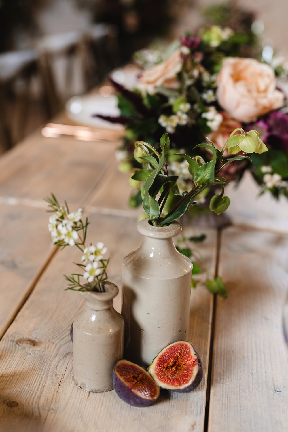 Earthenwear Table Flowers Centrepiece Medieval Barn Wedding Sam Gibson Photography