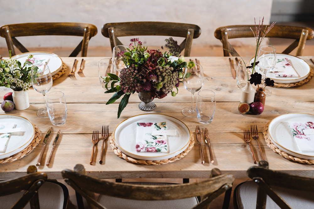 Long Wooden Tables Greenery Flowers Runner Rustic Rattan Place Mats Medieval Barn Wedding Sam Gibson Photography