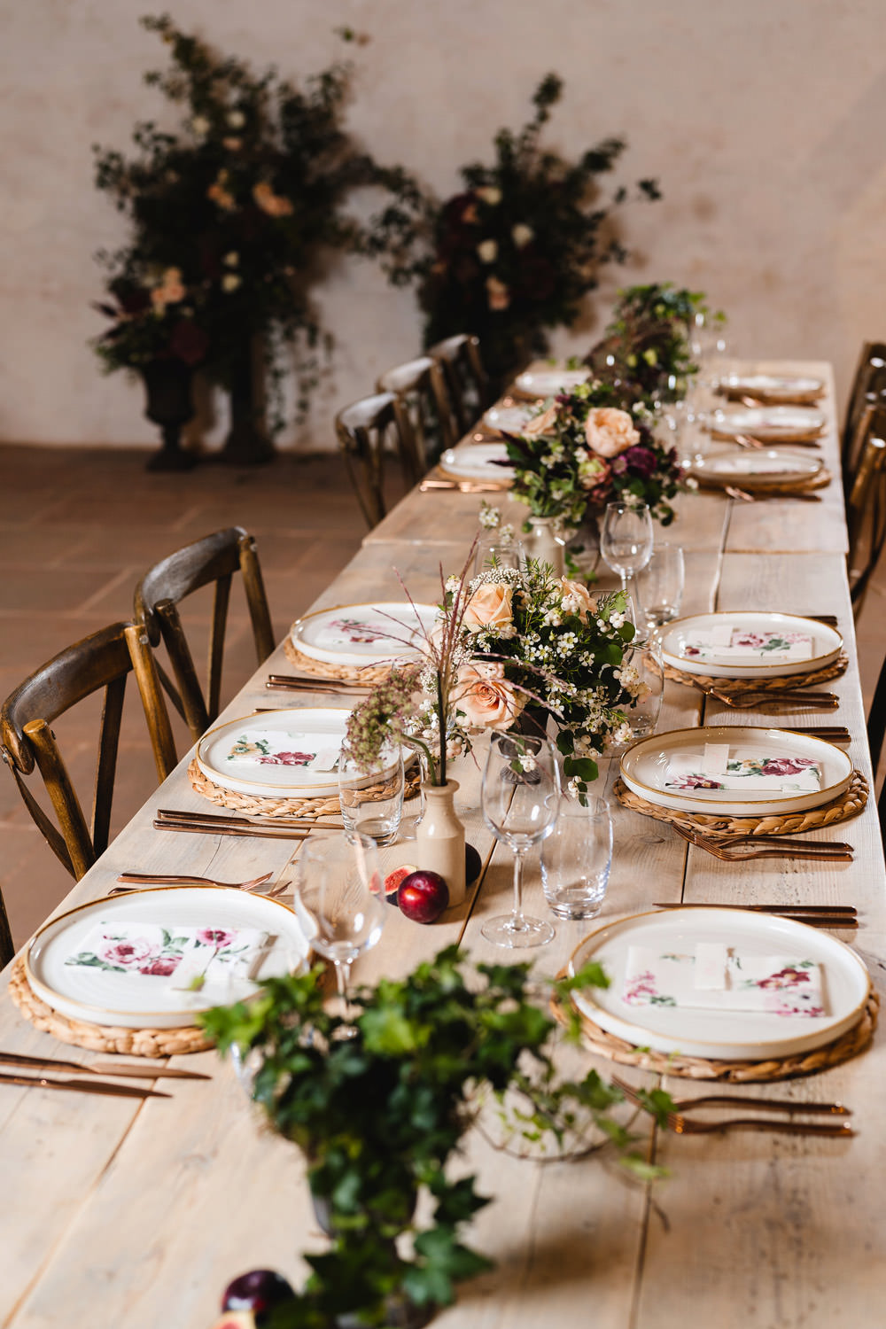 Long Wooden Tables Greenery Flowers Runner Rustic Rattan Place Mats Medieval Barn Wedding Sam Gibson Photography