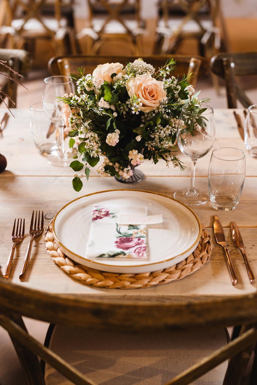 Place Setting Name Card Long Wooden Tables Greenery Flowers Runner Rustic Rattan Place Mats Medieval Barn Wedding Sam Gibson Photography