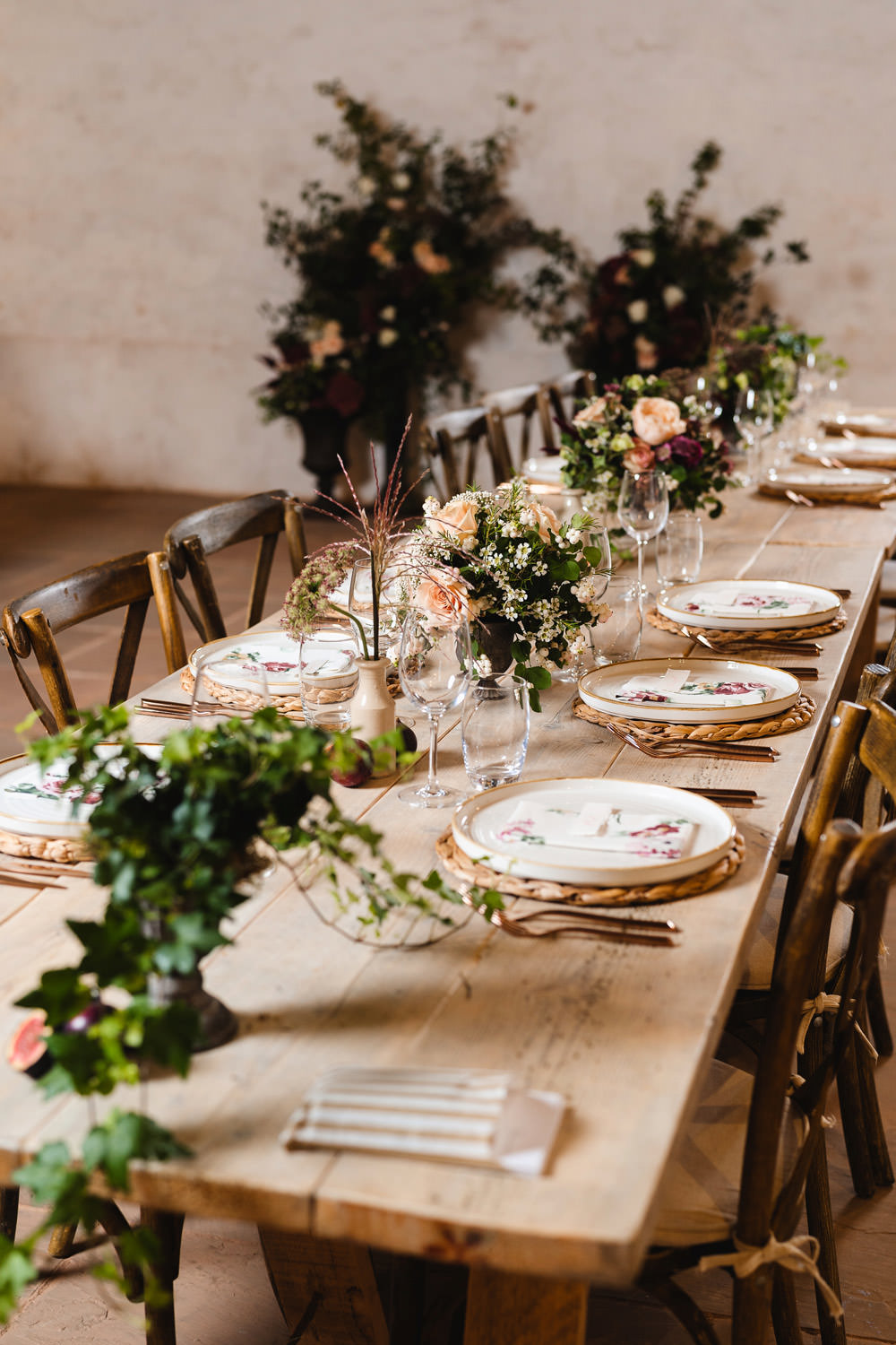 Long Wooden Tables Greenery Flowers Runner Rustic Rattan Place Mats Medieval Barn Wedding Sam Gibson Photography