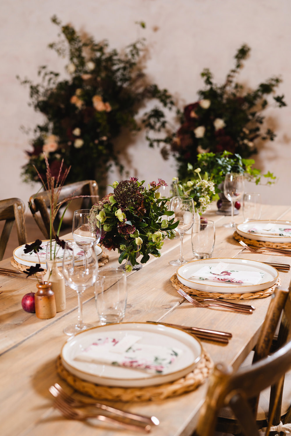 Long Wooden Tables Greenery Flowers Runner Rustic Rattan Place Mats Medieval Barn Wedding Sam Gibson Photography