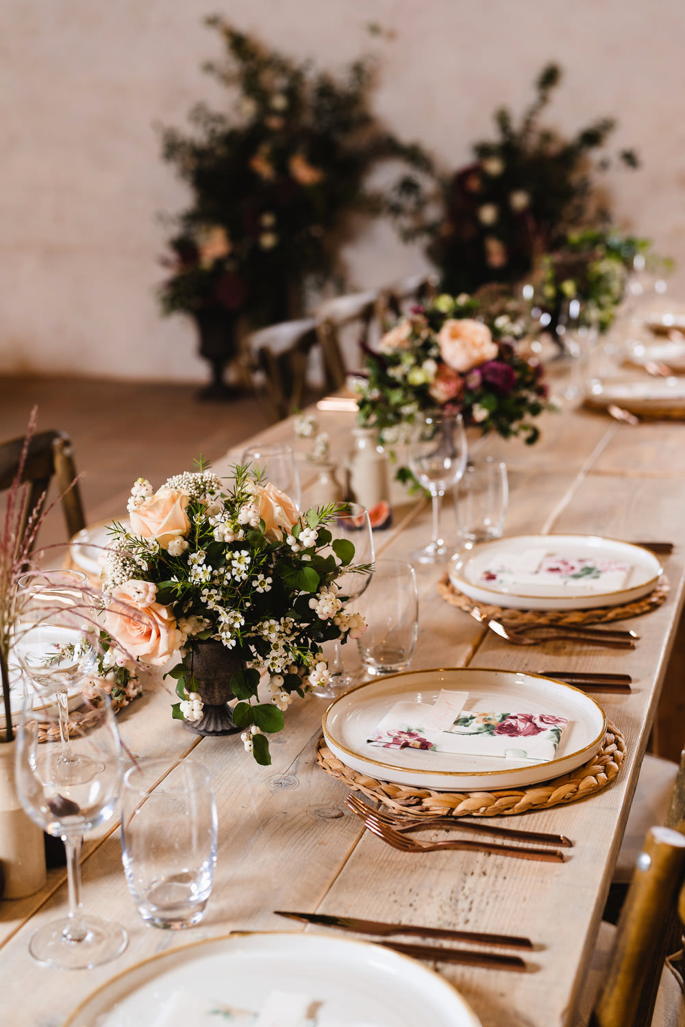 Long Wooden Tables Greenery Flowers Runner Rustic Rattan Place Mats Medieval Barn Wedding Sam Gibson Photography