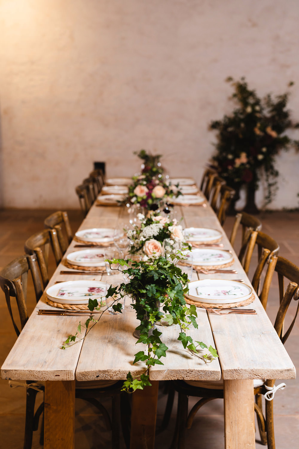 Long Wooden Tables Greenery Flowers Runner Rustic Rattan Place Mats Medieval Barn Wedding Sam Gibson Photography