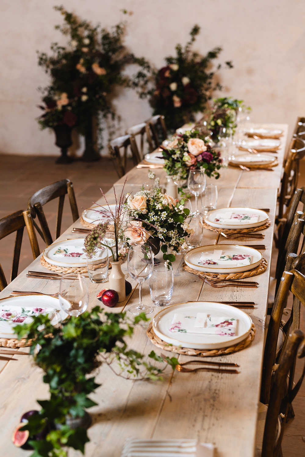 Long Wooden Tables Greenery Flowers Runner Rustic Rattan Place Mats Medieval Barn Wedding Sam Gibson Photography