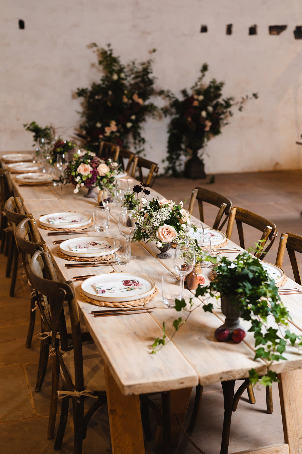 Long Wooden Tables Greenery Flowers Runner Rustic Rattan Place Mats Medieval Barn Wedding Sam Gibson Photography