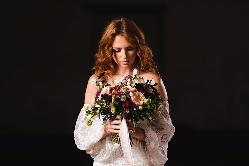 Bouquet Flowers Bride Bridal Blush Rose Burgundy Dahlia Greenery Medieval Barn Wedding Sam Gibson Photography
