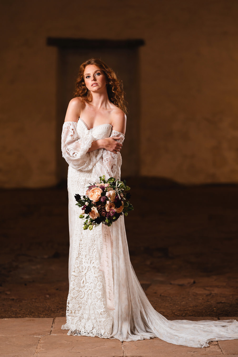 Dress Gown Bride Bridal Boho Long Sleeves Medieval Barn Wedding Sam Gibson Photography