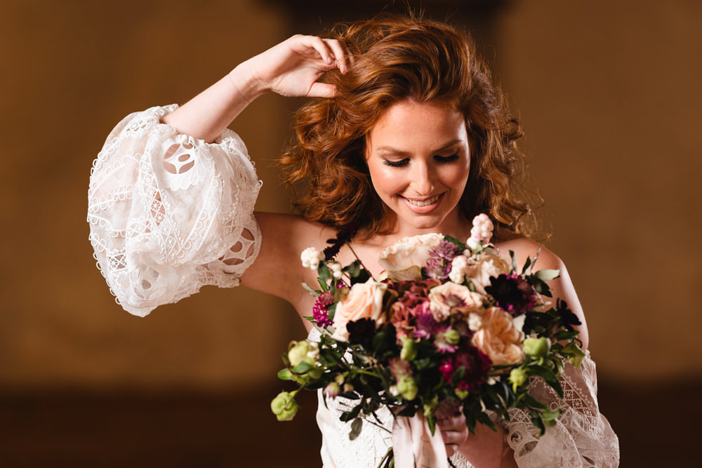 Bouquet Flowers Bride Bridal Blush Rose Burgundy Dahlia Greenery Medieval Barn Wedding Sam Gibson Photography