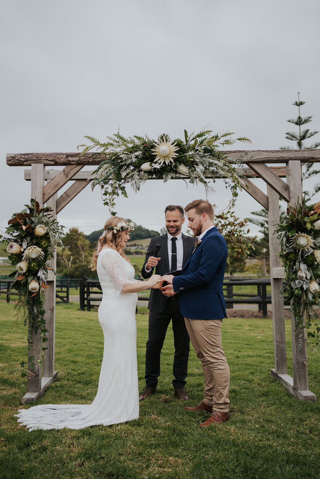 Ceremony Wooden Flower Arch Outdoors Rustic New Zealand Wedding PIA Photo Film