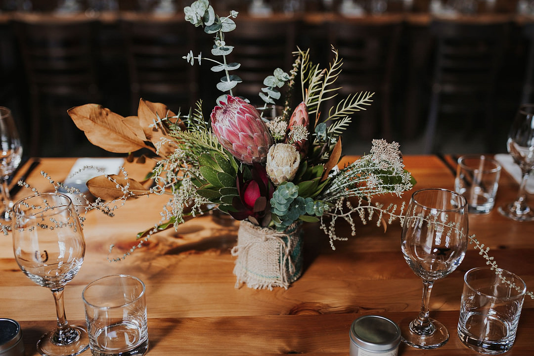 Table Centrepiece Flowers Protea Rustic New Zealand Wedding PIA Photo Film