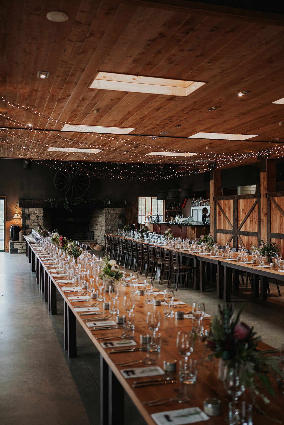 Barn Reception Wooden Tables Fairy Light Canopy Rustic New Zealand Wedding PIA Photo Film