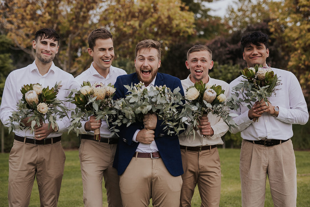 Groom Groomsmen Suits Shirts Chinos Bouquets Rustic New Zealand Wedding PIA Photo Film
