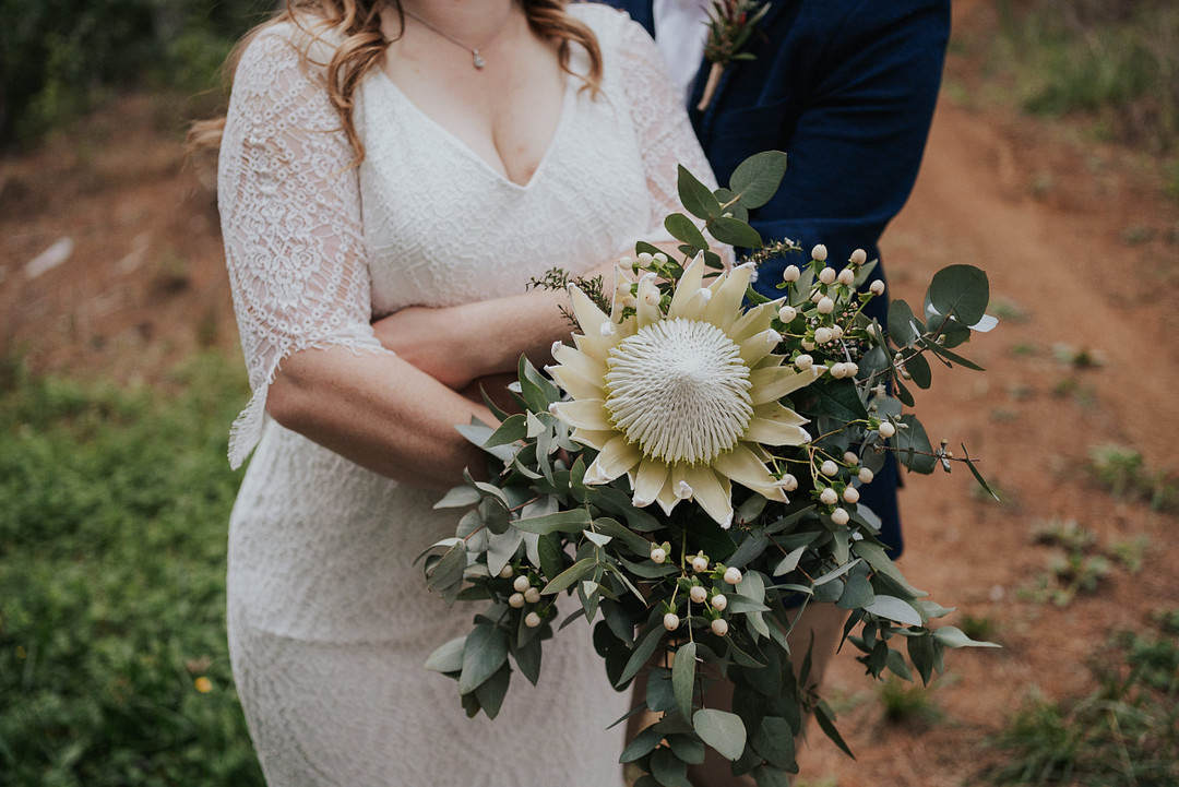 Bride Bridal Bouquet Greenery Flowers Protea Rustic New Zealand Wedding PIA Photo Film