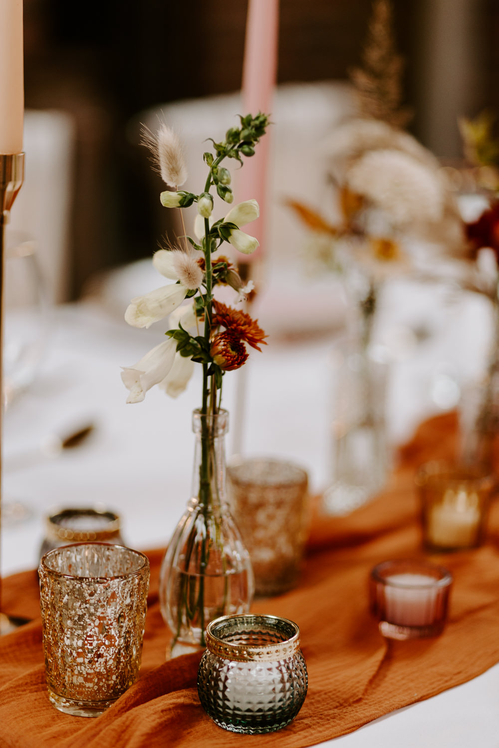 Table Decor Candles Flowers Vase Autumn Rust Orange Terracotta Wedding Ideas Opperhill Photography