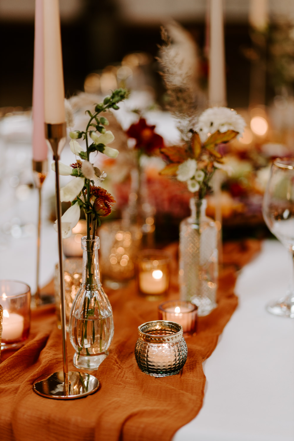Table Decor Candles Flowers Vase Autumn Rust Orange Terracotta Wedding Ideas Opperhill Photography