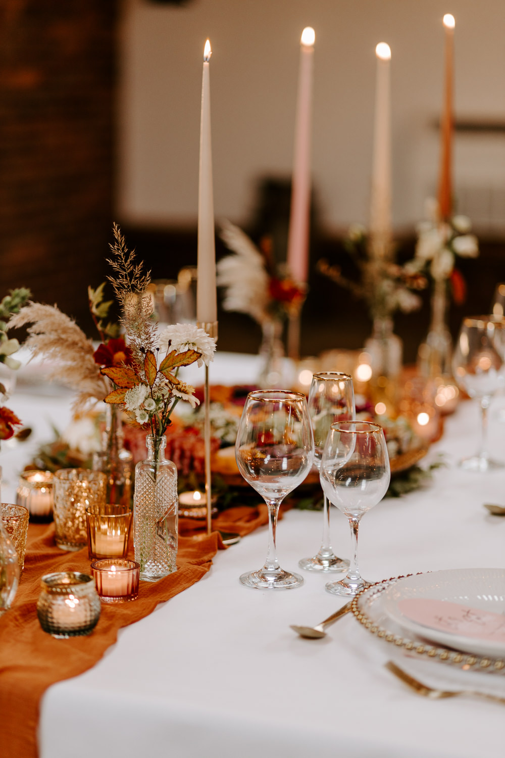 Table Decor Candles Flowers Vase Autumn Rust Orange Terracotta Wedding Ideas Opperhill Photography