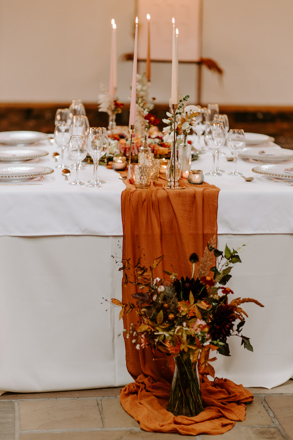 Table Decor Candles Floor Flowers Vase Autumn Rust Orange Terracotta Wedding Ideas Opperhill Photography