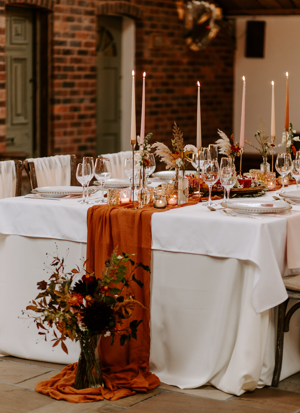 Table Decor Candles Flowers Vase Autumn Rust Orange Terracotta Wedding Ideas Opperhill Photography