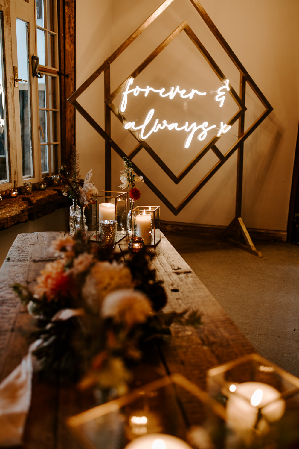 Neon Sign Backdrop Candles Flowers Table Terracotta Wedding Ideas Opperhill Photography