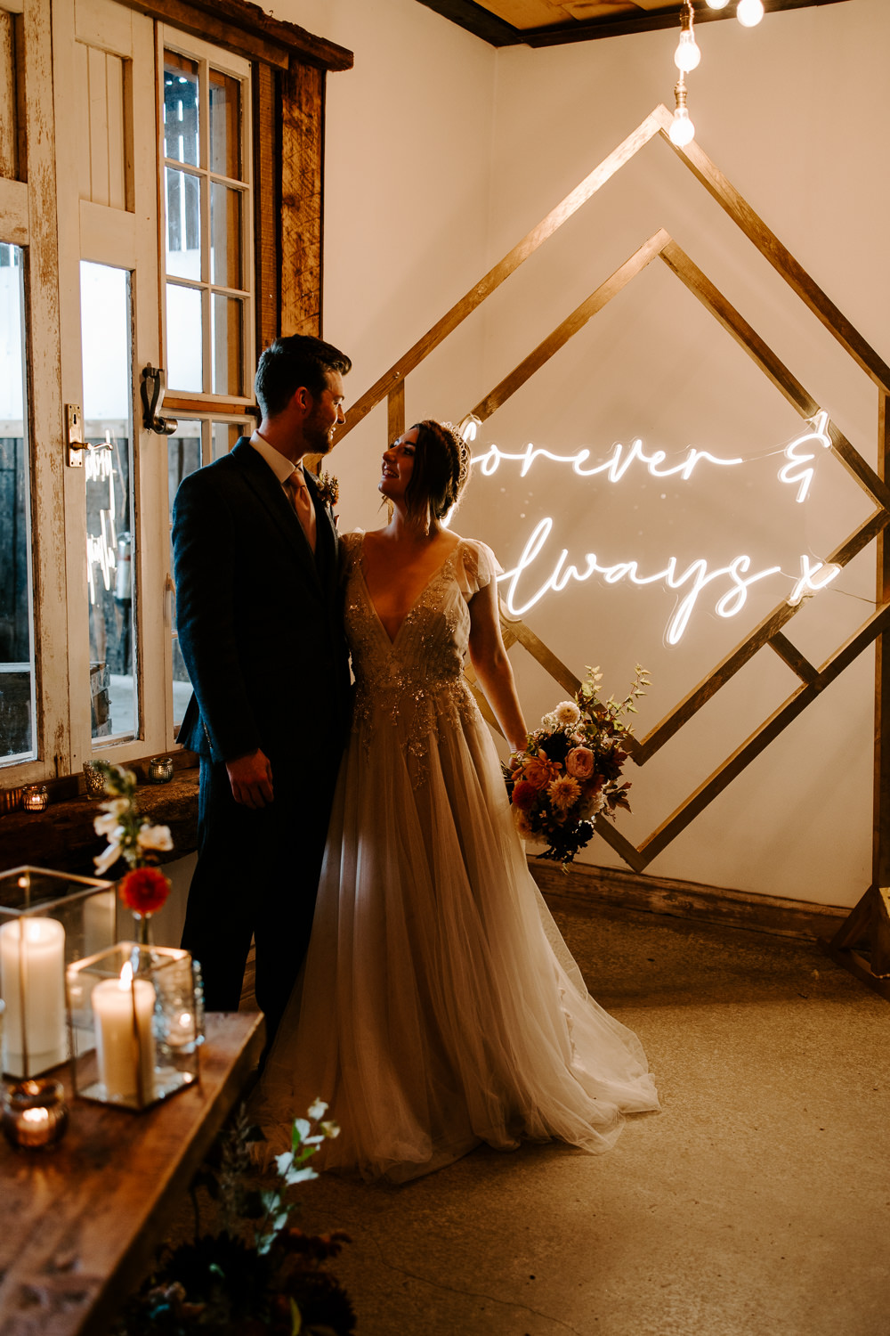 Neon Sign Backdrop Terracotta Wedding Ideas Opperhill Photography
