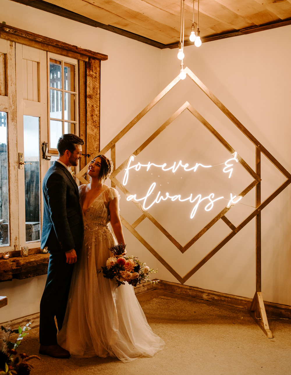 Neon Sign Backdrop Terracotta Wedding Ideas Opperhill Photography