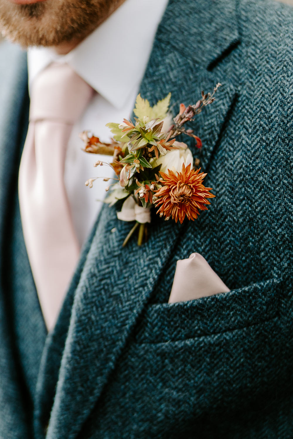 Navy Blue Suit Tweed Groom Pink Tie Buttonhole Flowers Terracotta Wedding Ideas Opperhill Photography
