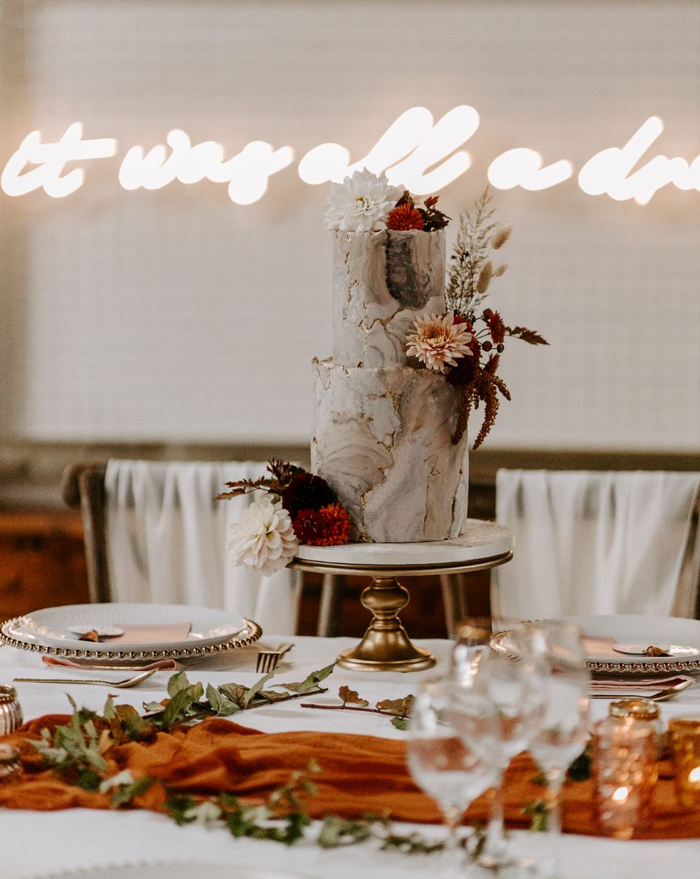 Table Decor Candles Flowers Vase Autumn Rust Orange Neon Sign Terracotta Wedding Ideas Opperhill Photography