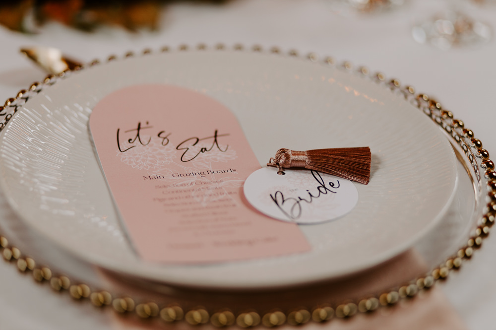 Place Setting Decor Charger Plate Blush Gold Stationery Menu Name Card Tassel Terracotta Wedding Ideas Opperhill Photography
