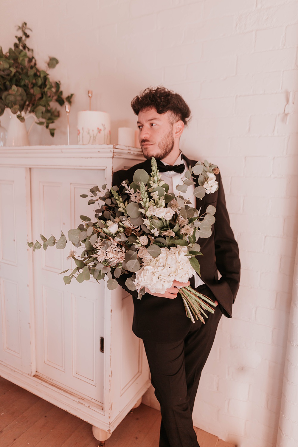 Bouquet Flowers Bride Bridal Groom Greenery Hydrangea The Hall Barns Wedding Prestwold Sophie Mort Photography
