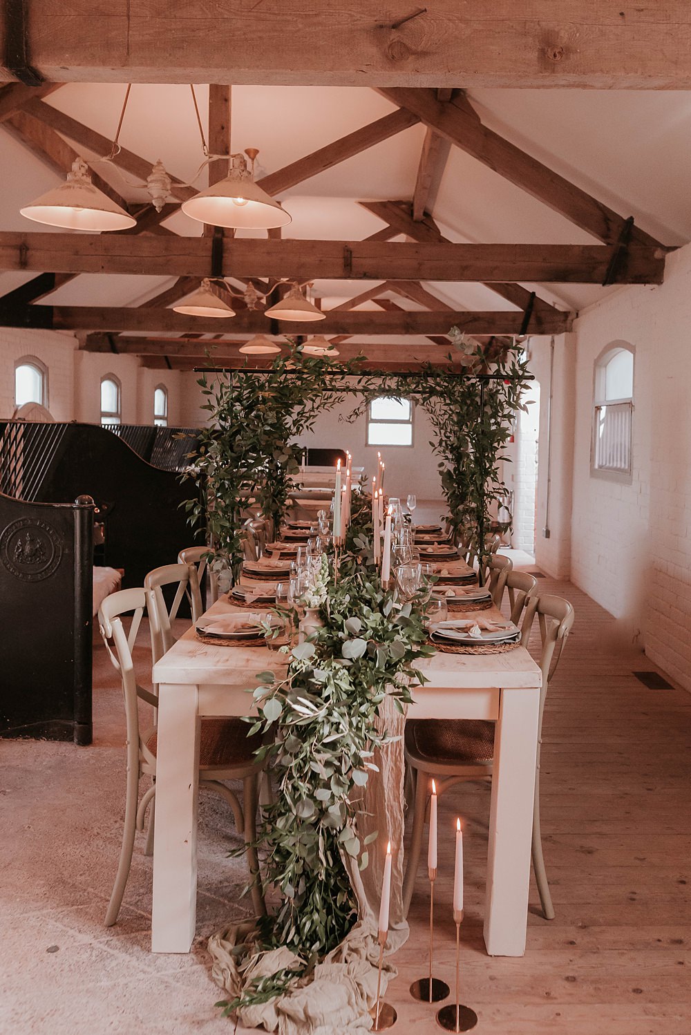 Table Tablescape Decor Greenery Runner Foliage Arch Candles Rustic The Hall Barns Wedding Prestwold Sophie Mort Photography