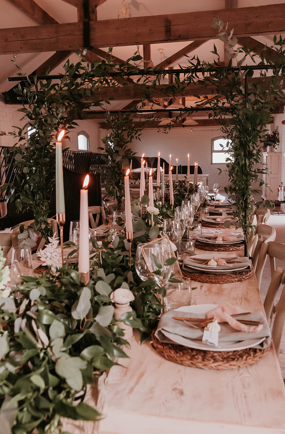 Table Tablescape Decor Greenery Runner Foliage Arch Candles Rustic The Hall Barns Wedding Prestwold Sophie Mort Photography