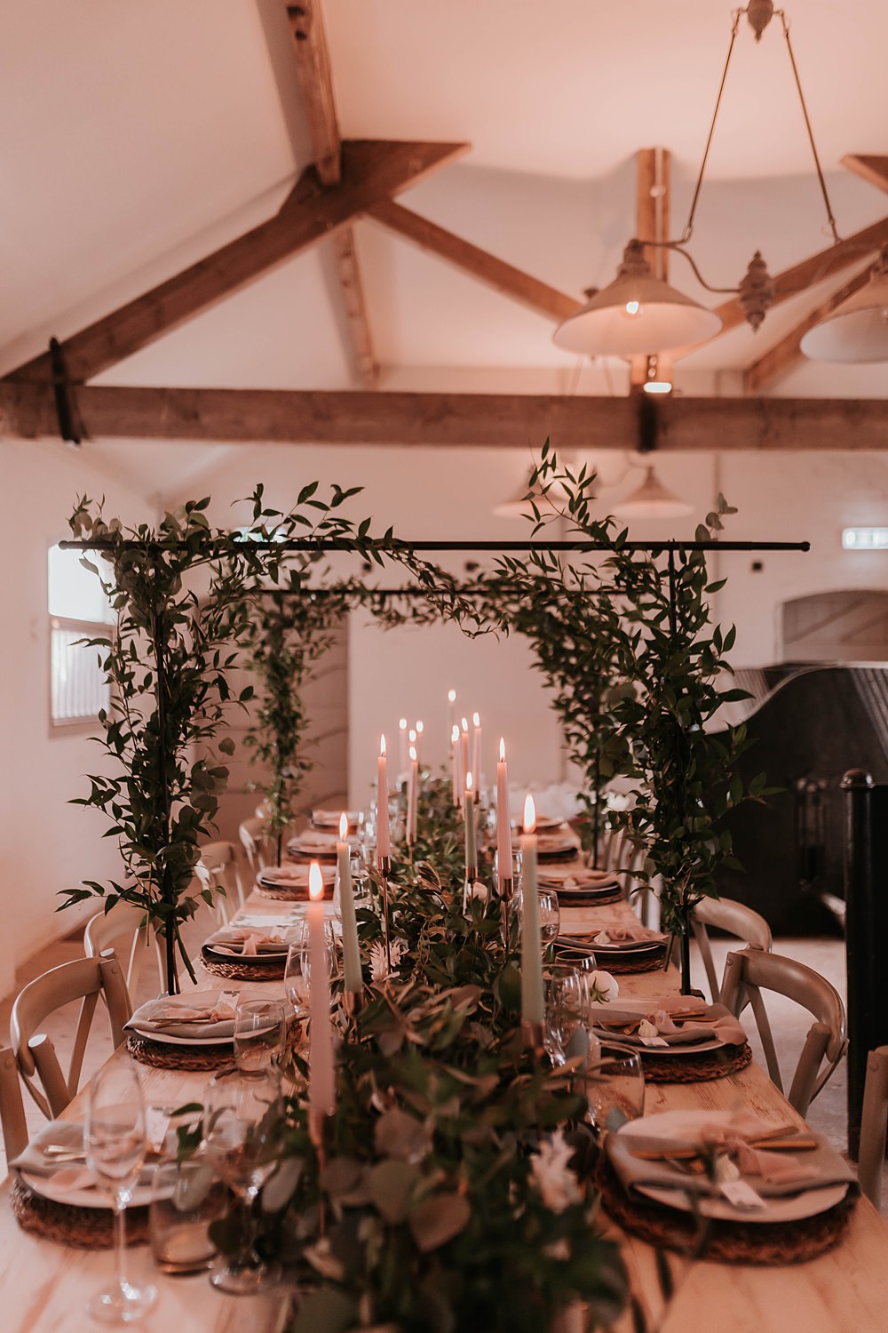 Table Tablescape Decor Greenery Runner Foliage Arch Candles Rustic The Hall Barns Wedding Prestwold Sophie Mort Photography