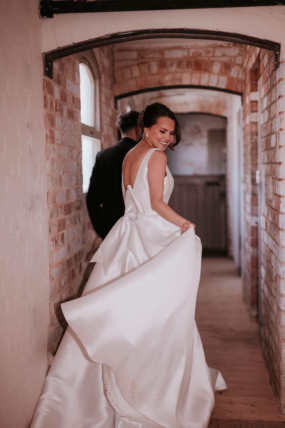 Dress Gown Bride Bridal Straps Bow Back Full Skirt The Hall Barns Wedding Prestwold Sophie Mort Photography