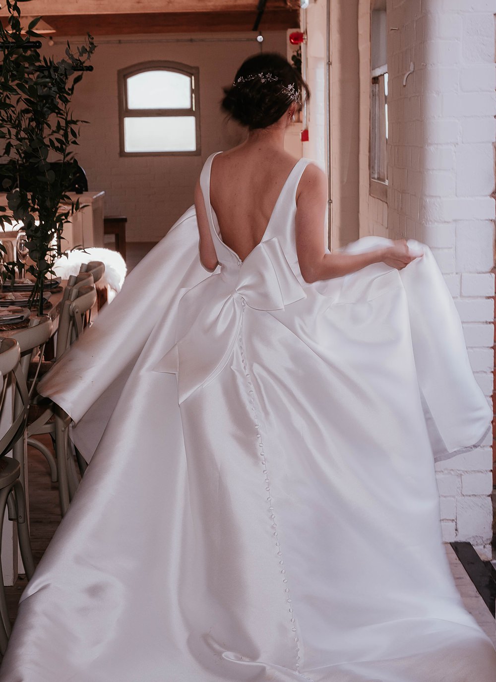 Dress Gown Bride Bridal Straps Bow Back Full Skirt The Hall Barns Wedding Prestwold Sophie Mort Photography