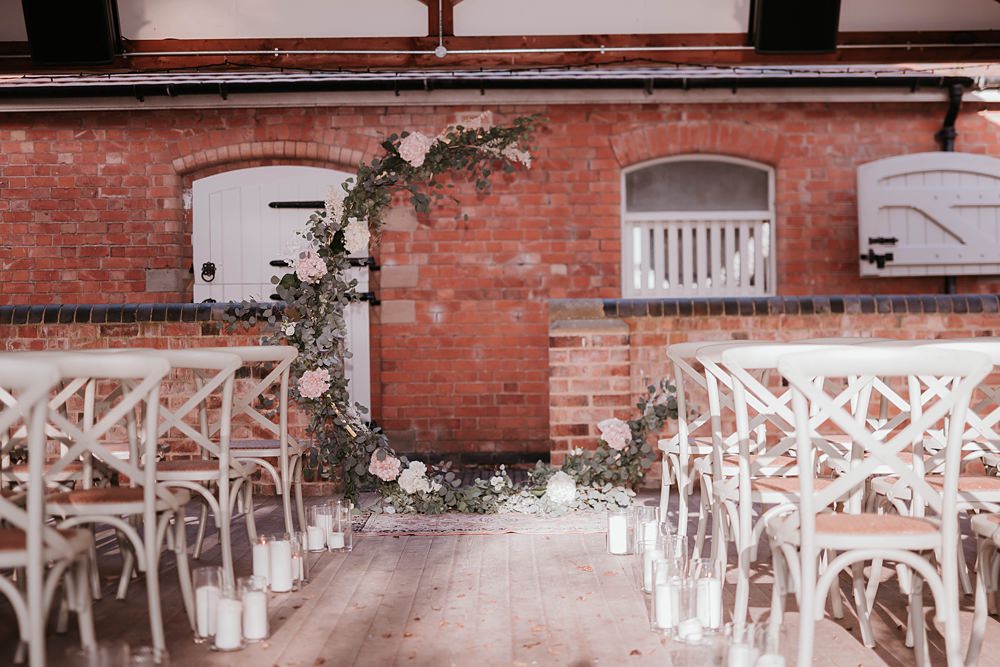 Cresent Flower Arch Backdrop Ceremony Flowers Candles The Hall Barns Wedding Prestwold Sophie Mort Photography