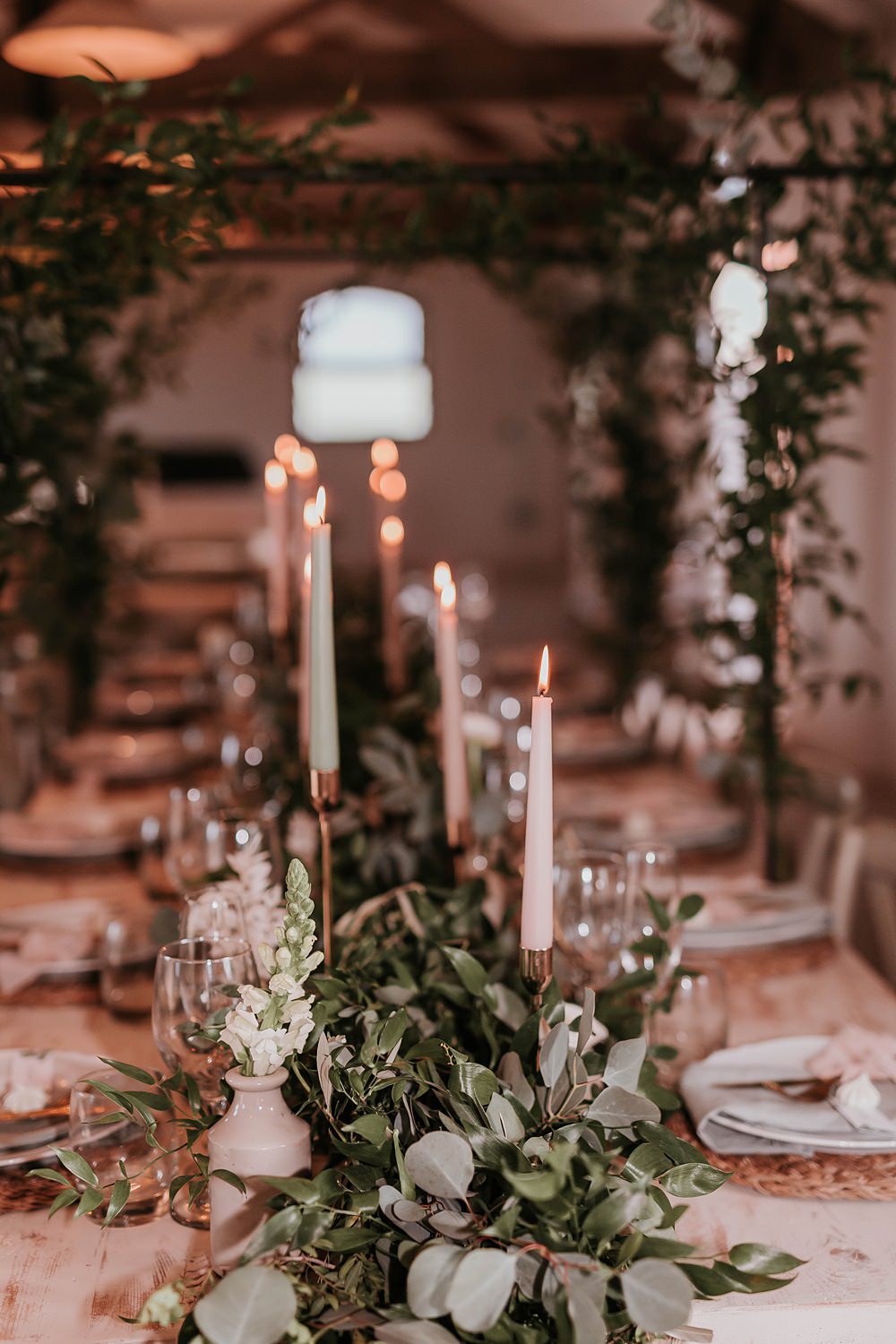 Table Tablescape Decor Greenery Runner Foliage Arch Candles Rustic The Hall Barns Wedding Prestwold Sophie Mort Photography