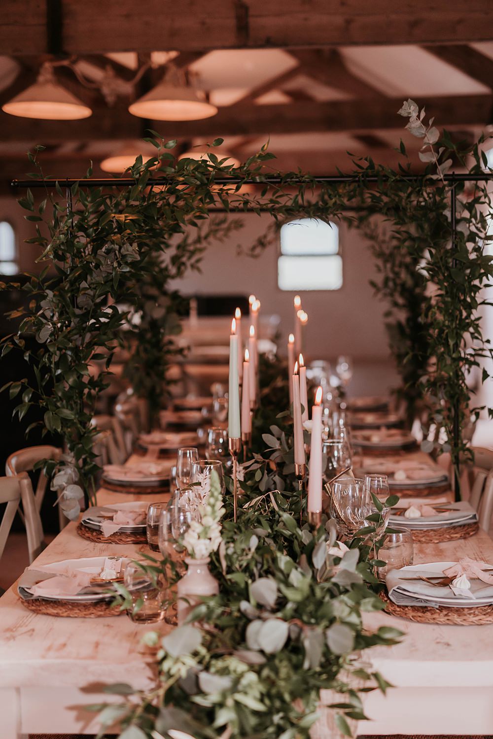 Table Tablescape Decor Greenery Runner Foliage Arch Candles Rustic The Hall Barns Wedding Prestwold Sophie Mort Photography