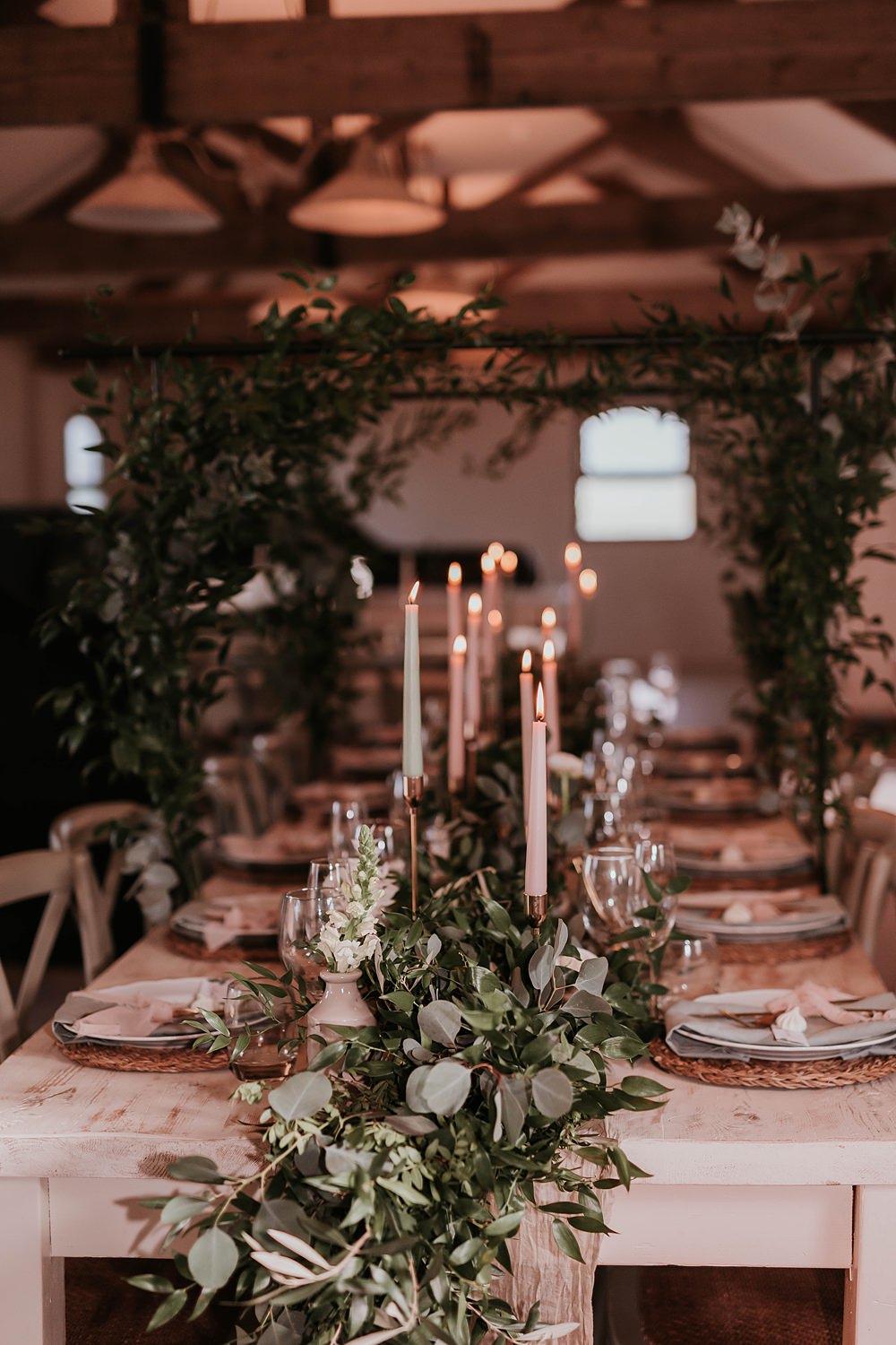 Table Tablescape Decor Greenery Runner Foliage Arch Candles Rustic The Hall Barns Wedding Prestwold Sophie Mort Photography