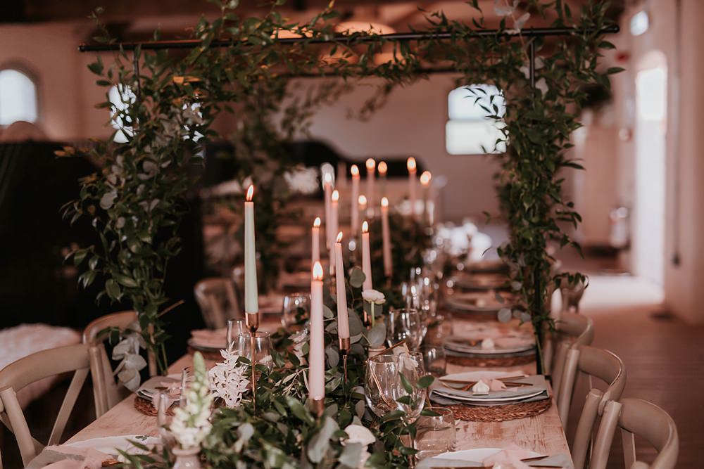 Table Tablescape Decor Greenery Runner Foliage Arch Candles Rustic The Hall Barns Wedding Prestwold Sophie Mort Photography