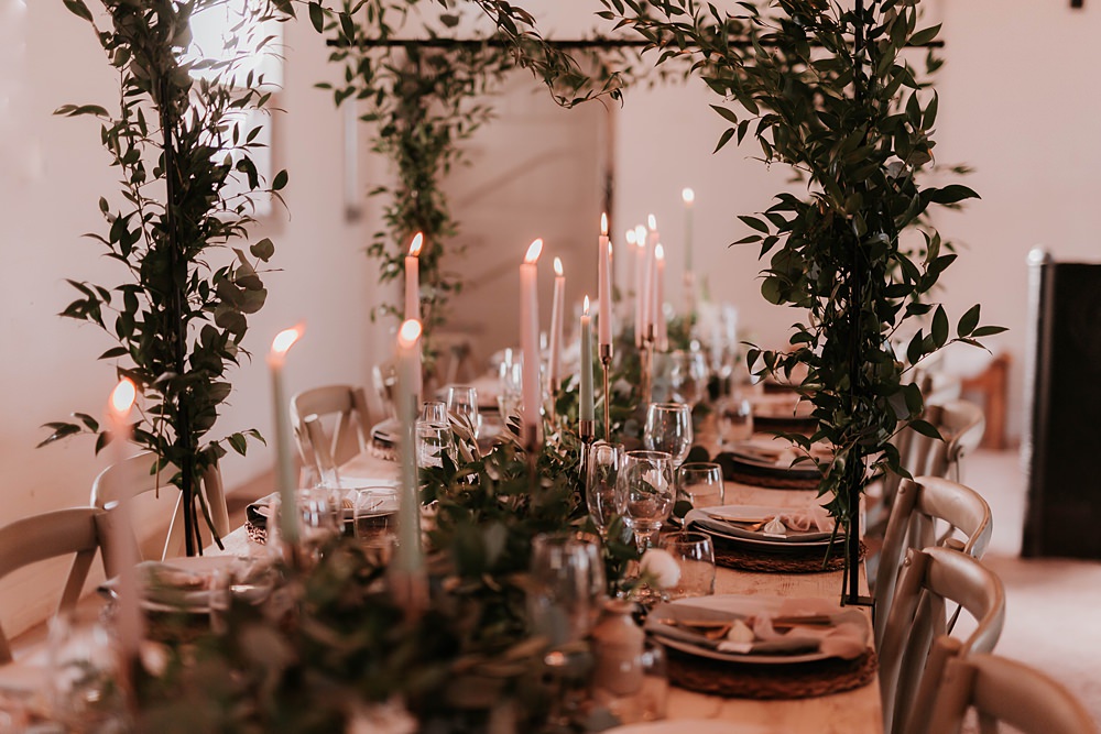 Table Tablescape Decor Greenery Runner Foliage Arch Candles Rustic The Hall Barns Wedding Prestwold Sophie Mort Photography
