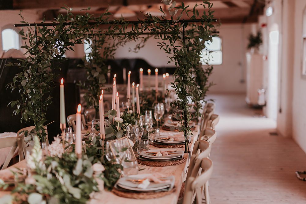 Table Tablescape Decor Greenery Runner Foliage Arch Candles Rustic The Hall Barns Wedding Prestwold Sophie Mort Photography