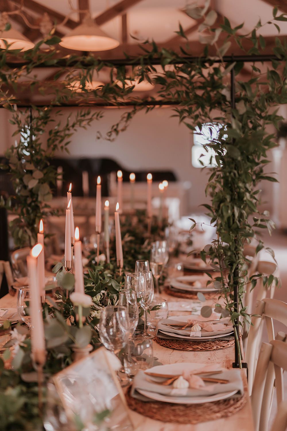 Table Tablescape Decor Greenery Runner Foliage Arch Candles Rustic The Hall Barns Wedding Prestwold Sophie Mort Photography