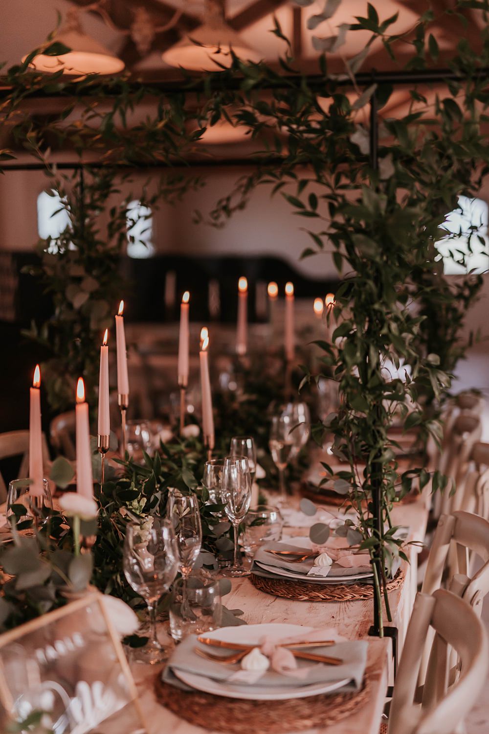 Table Tablescape Decor Greenery Runner Foliage Arch Candles Rustic The Hall Barns Wedding Prestwold Sophie Mort Photography