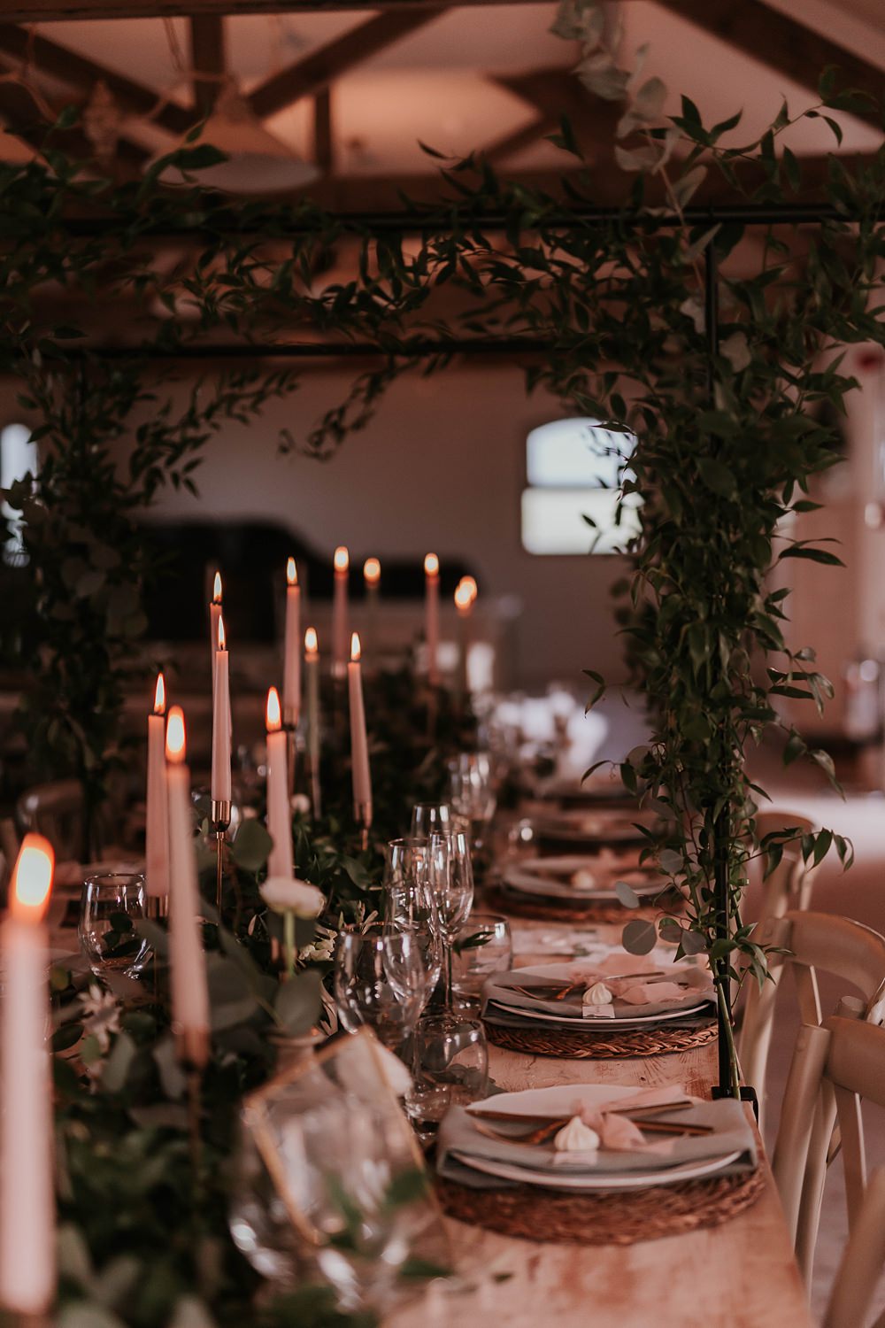 Table Tablescape Decor Greenery Runner Foliage Arch Candles Rustic The Hall Barns Wedding Prestwold Sophie Mort Photography