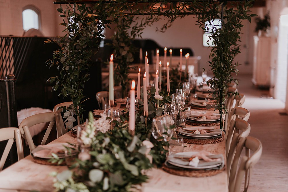 Table Tablescape Decor Greenery Runner Foliage Arch Candles Rustic The Hall Barns Wedding Prestwold Sophie Mort Photography